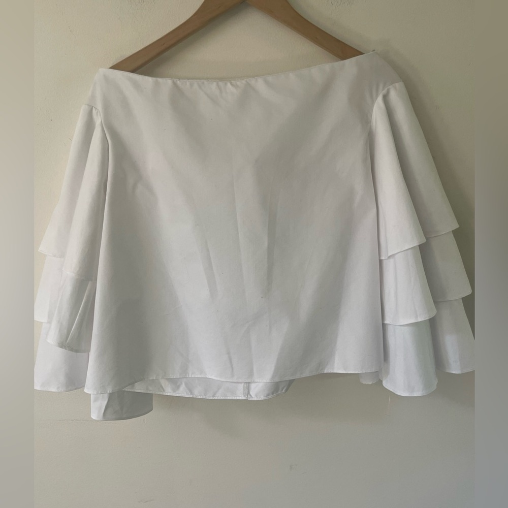 NWT Endless Rose Womens M Cotton White 3/4 Ruffled Sleeve Crop Off Shoulder Top